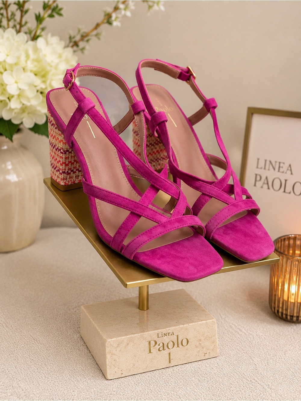 🌸Paolo Hot Pink Suede Strappy Block Heel Sandals🌸NEW